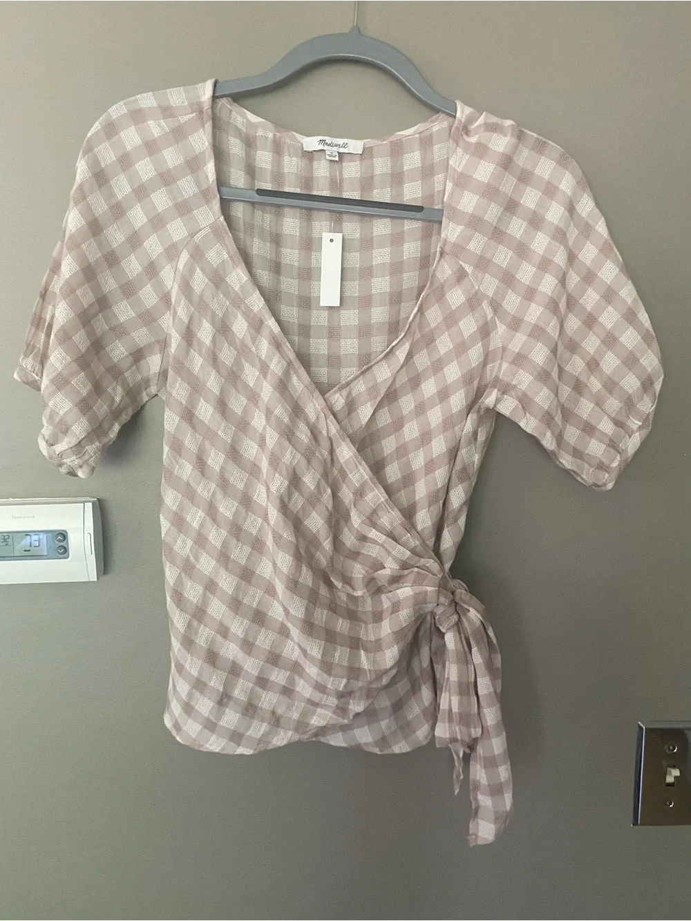 MADEWELL Sweetheart Wrap Tie Top In Beige Gingham Check Size Medium